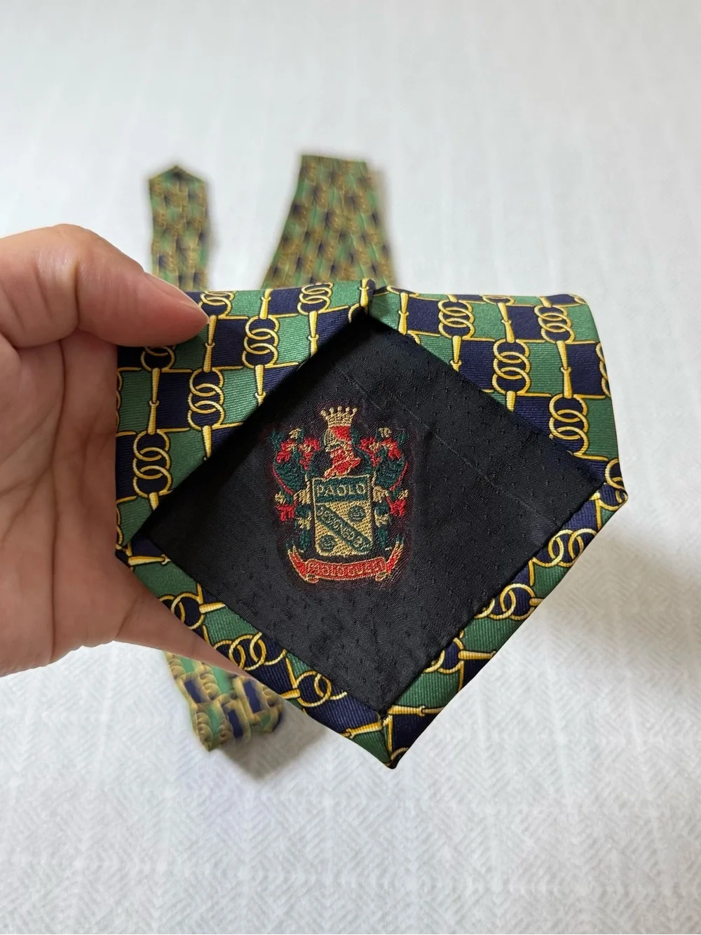 Vintage Paolo Gucci Geometric Logo Woven 100% Silk Tie Green/Navy/Gold One Size